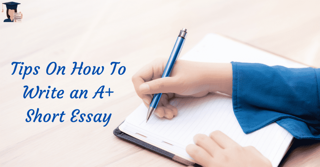 Someone writing on a notebook using a blue pen;:How to write short essay guide
