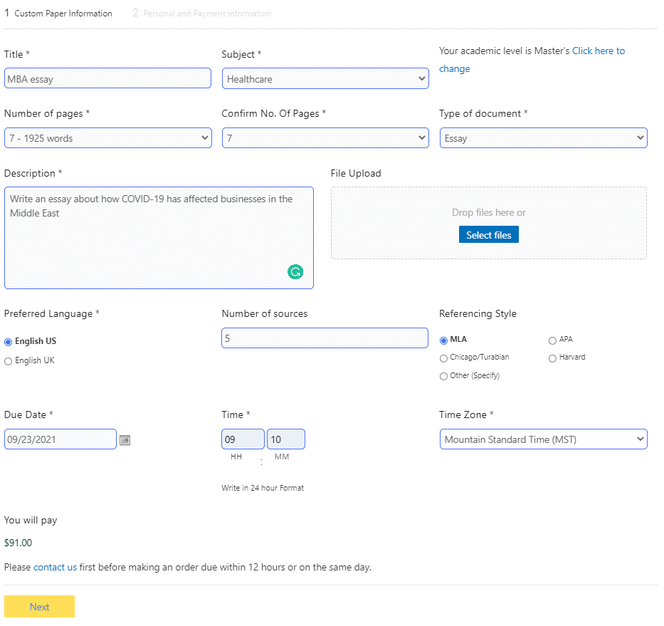 Screenshot of the MBA essay ordering process