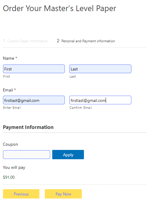 Screenshot of MBA essay ordering- Fill in personal info